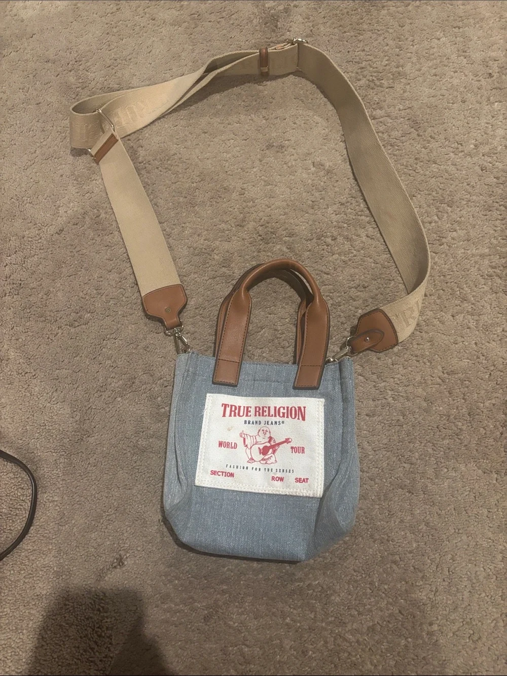True Religion Blue Denim Mini Messenger with Tan Leather Handles and Beige Strap